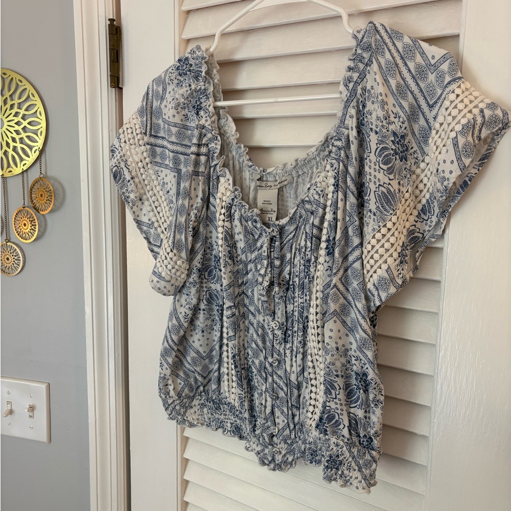 American Rag Blue and White Boho Blouse - Picture 2 of 5